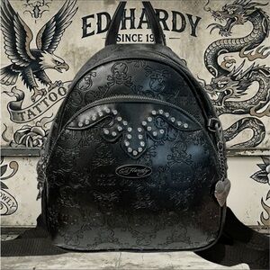 🖤 NWT Ed Hardy Black Embossed Wing Rhinestone Stud Mini Backpack
